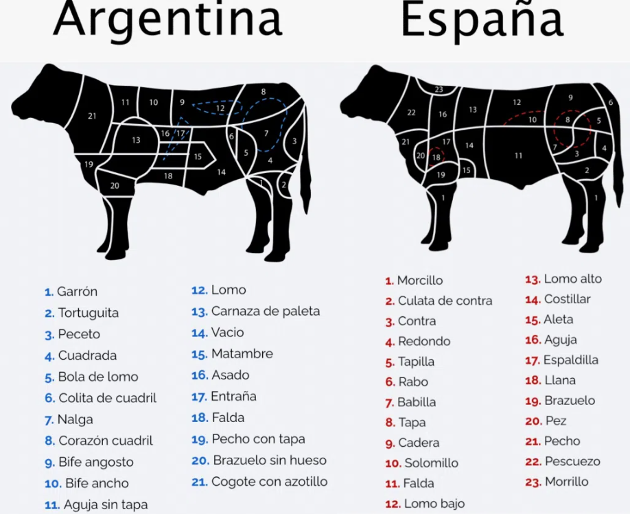 cuadro que ilustra la diferencia de cortes de carne entre argentina y españa